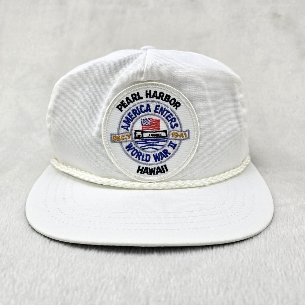 Vintage SKM Pearl Harbor Hawaii World War Two America Snapback Rope Hat White